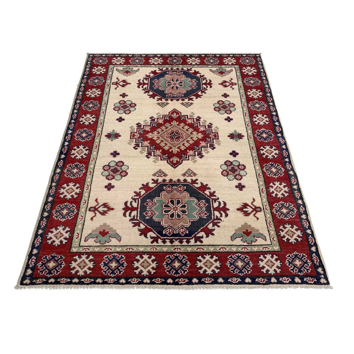 Beige Afghan Kazak Rug 3' 11" x 5' 8" Hand-Knotted | No. AL72238