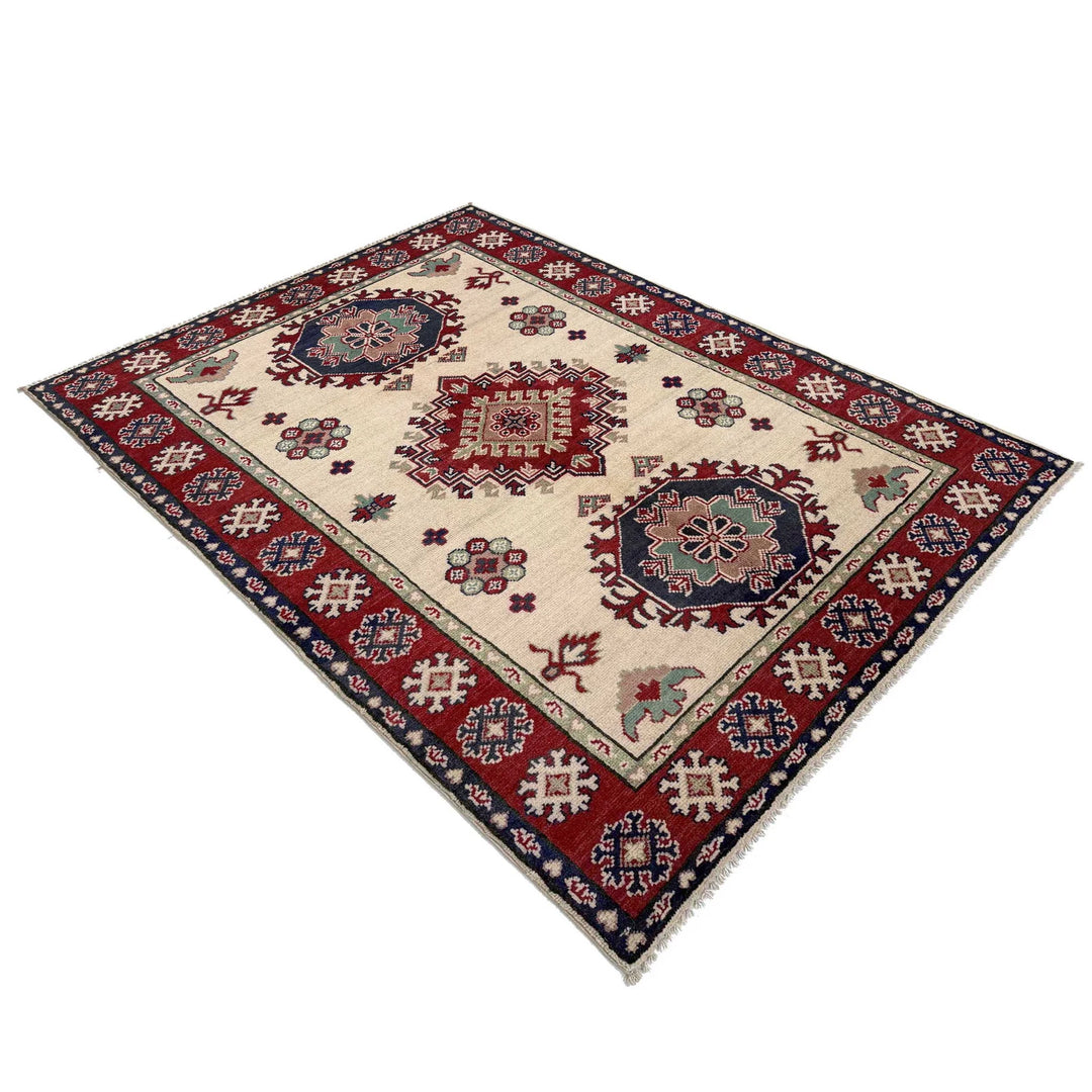 Beige Afghan Kazak Rug 3' 11" x 5' 8" Hand-Knotted | No. AL72238