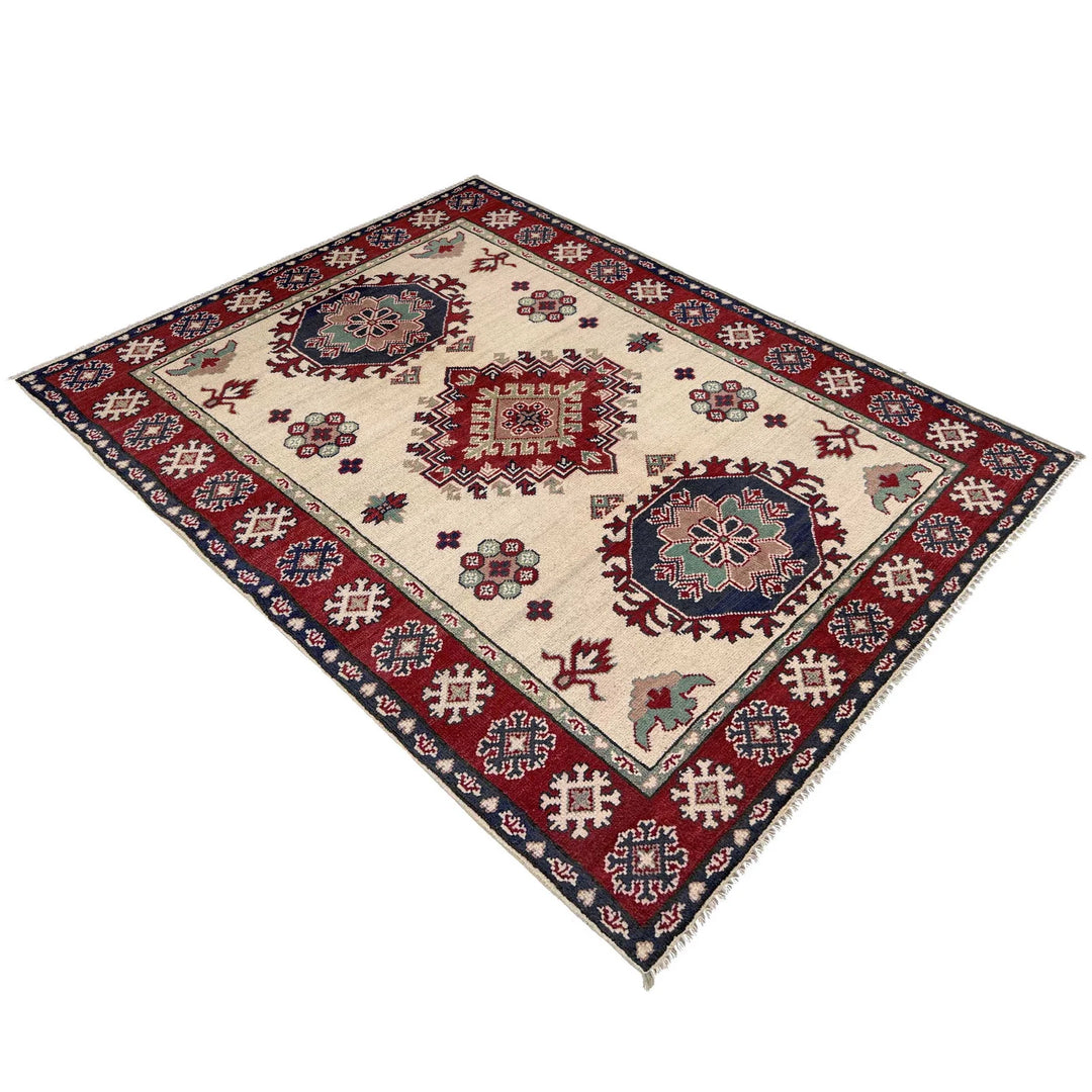 Beige Afghan Kazak Rug 3' 11" x 5' 8" Hand-Knotted | No. AL72238