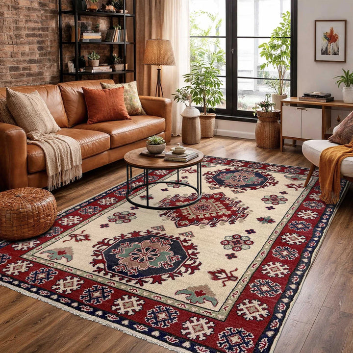 Beige Afghan Kazak Rug 3' 11" x 5' 8" Hand-Knotted | No. AL72238