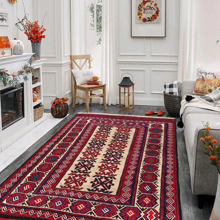Beige Afghan Saghari Kilim Rug 4' 3" x 6' 2" Flat-Weave | No. AL72259