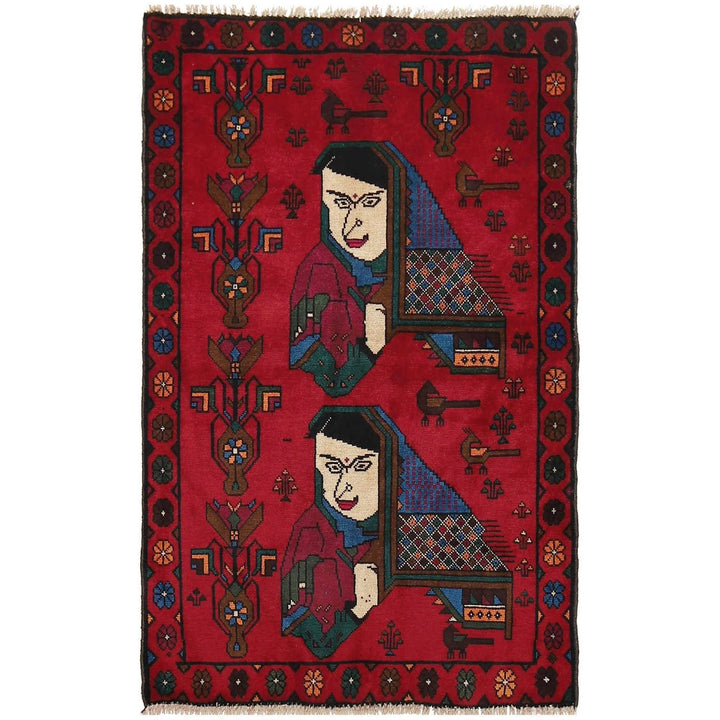 Red Afghan Pictorial Rug 2' 10" x 4' 6" Hand-Knotted | No. AL72328