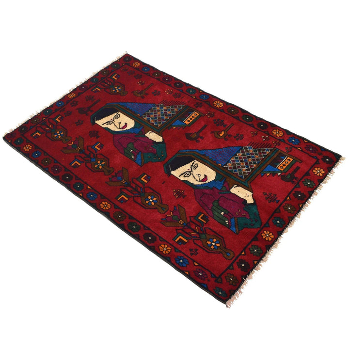 Red Afghan Pictorial Rug 2' 10" x 4' 6" Hand-Knotted | No. AL72328