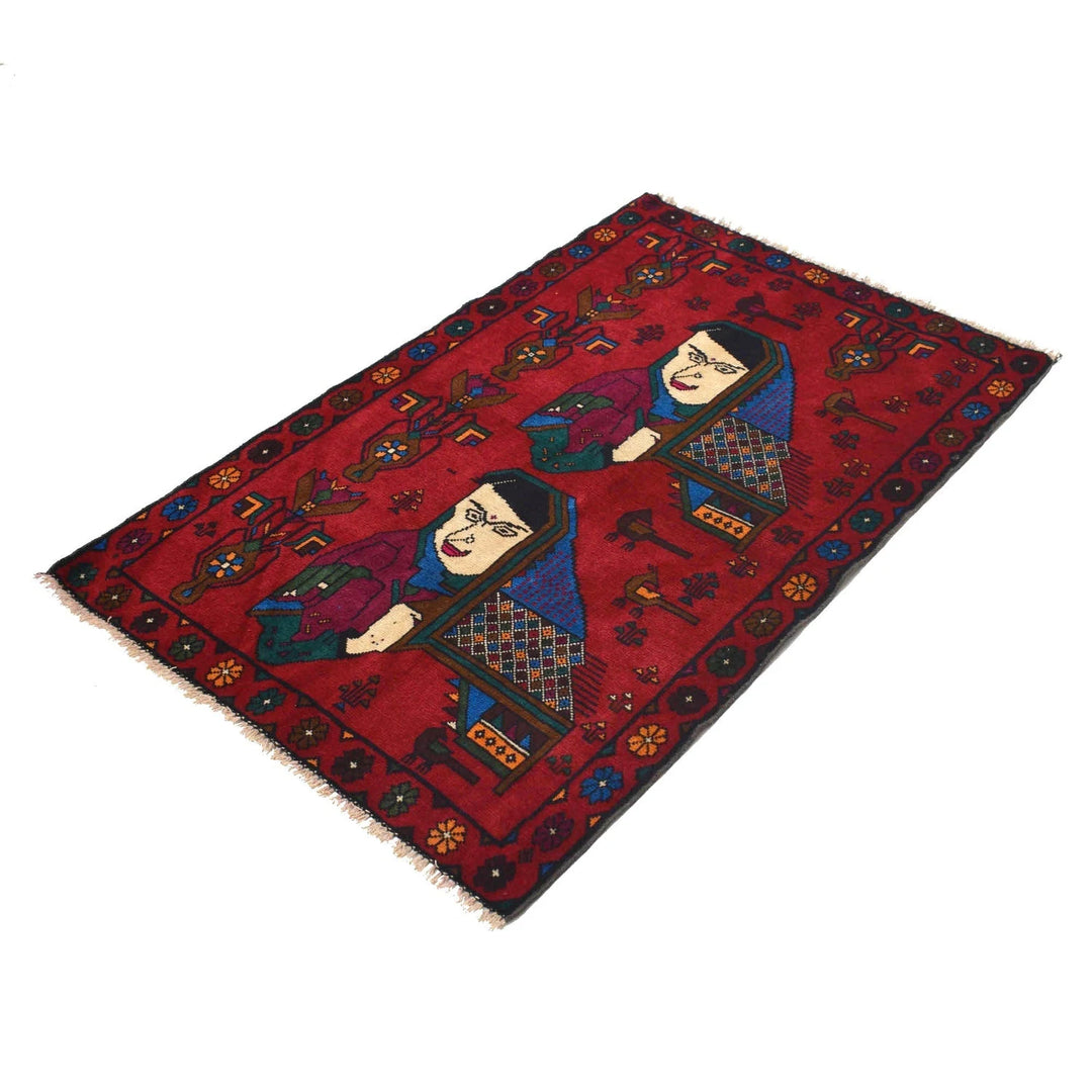 Red Afghan Pictorial Rug 2' 10" x 4' 6" Hand-Knotted | No. AL72328