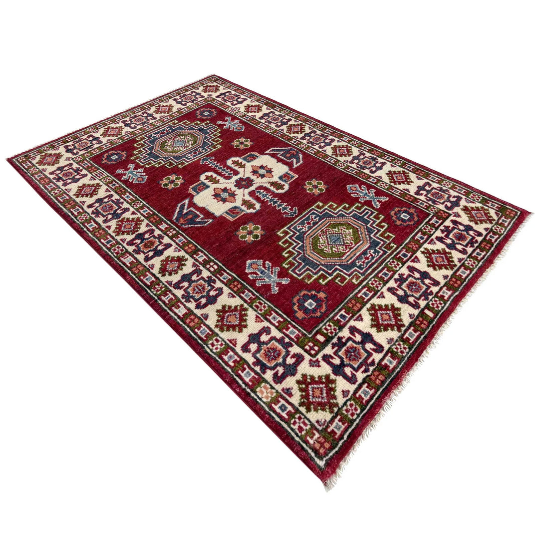 Red Afghan Kazak Rug 2' 8" x 4' 2" Hand-Knotted | No. AL72738