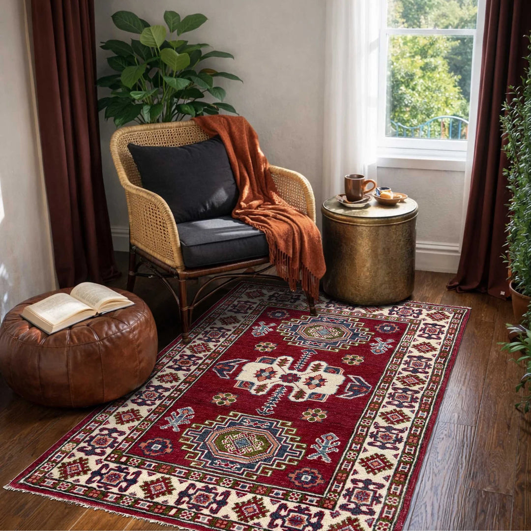 Red Afghan Kazak Rug 2' 8" x 4' 2" Hand-Knotted | No. AL72738