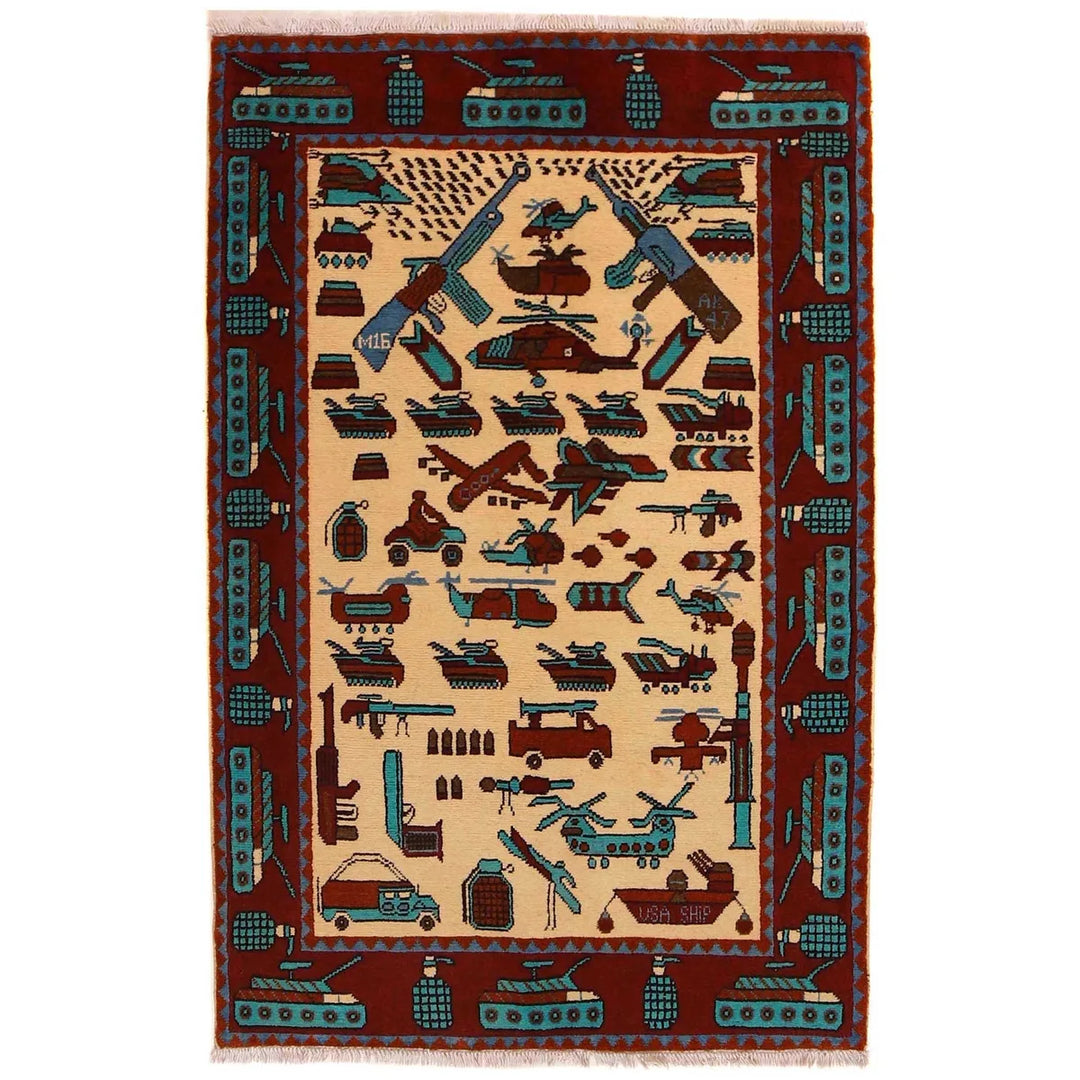 Beige Afghan War Rug 3' 5" x 5' 2" Hand-Knotted | No. AL72820