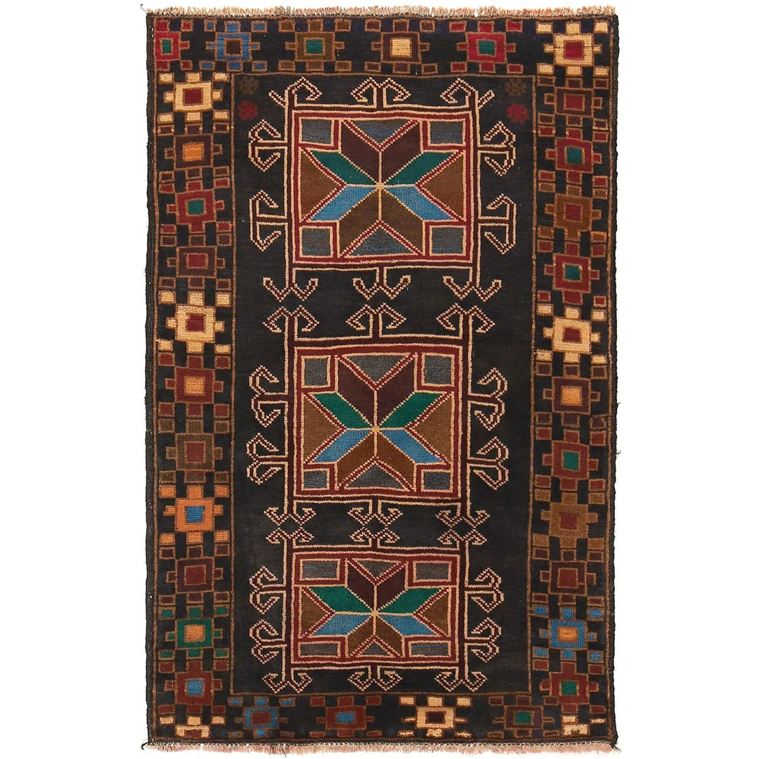 Black Afghan Baluchi Rug 2' 10" x 4' 8" Hand-Knotted | No. AL73009