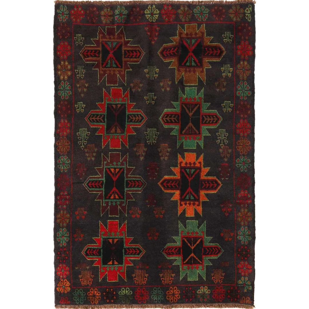 Black Afghan Baluchi Rug 3' 12" x 6' 2" Hand-Knotted | No. AL73030