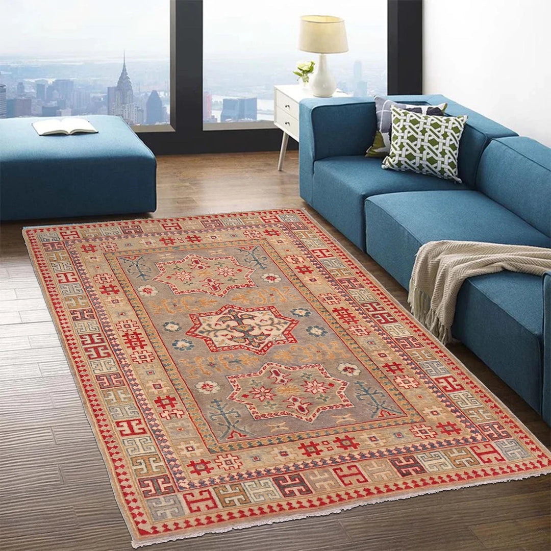 Grey Afghan Kazak Rug 3' 11" x 5' 7" Hand-Knotted | No. AL73106