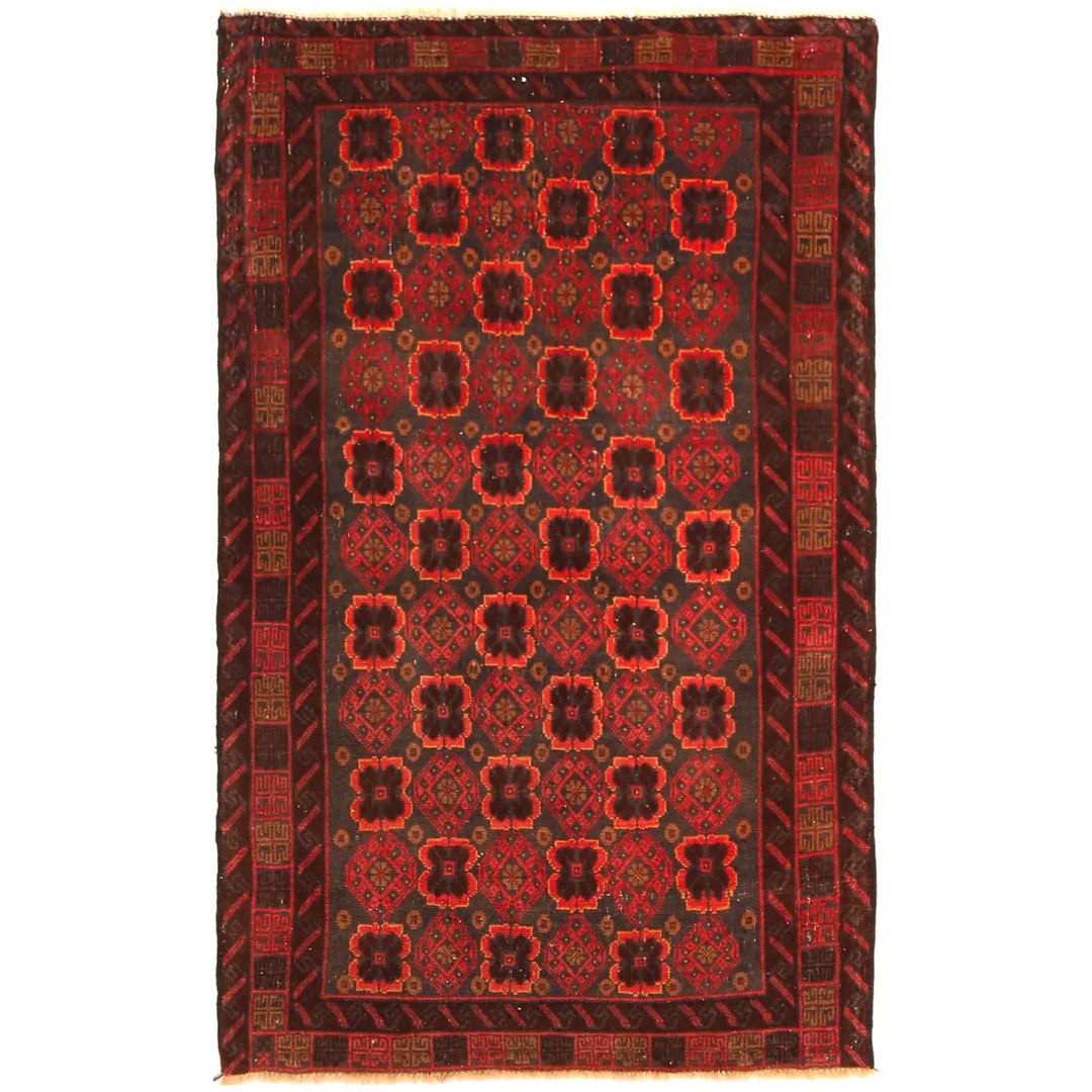 Red Afghan Baluchi Rug 2' 11" x 4' 10" Hand-Knotted | No. AL73257