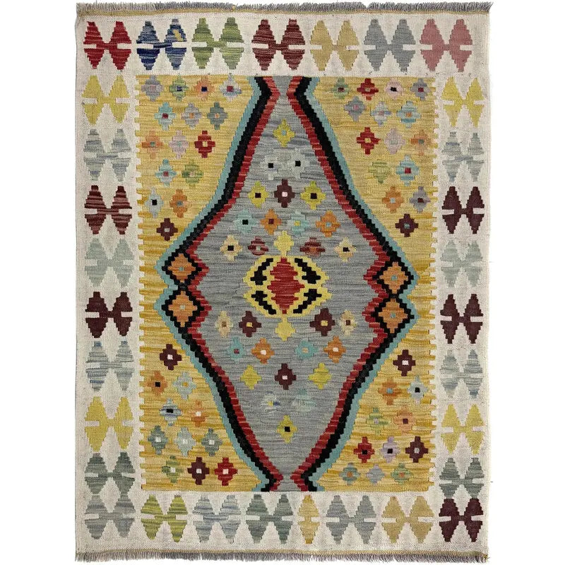 Multicolor Afghan Vegetable Kilim Rug 3' 5" x 4' 9" Flat-Weave | No. AL73260