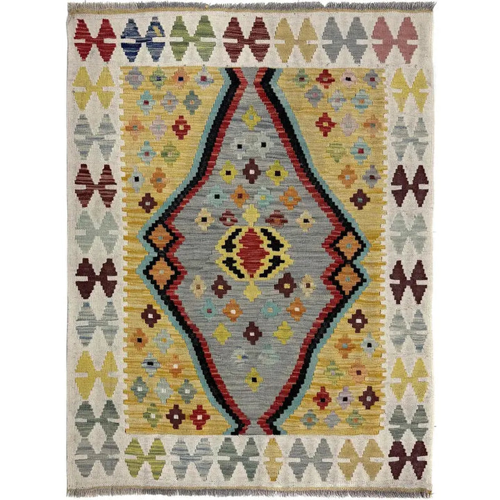 Multicolor Afghan Vegetable Kilim Rug 3' 5" x 4' 9" Flat-Weave | No. AL73260