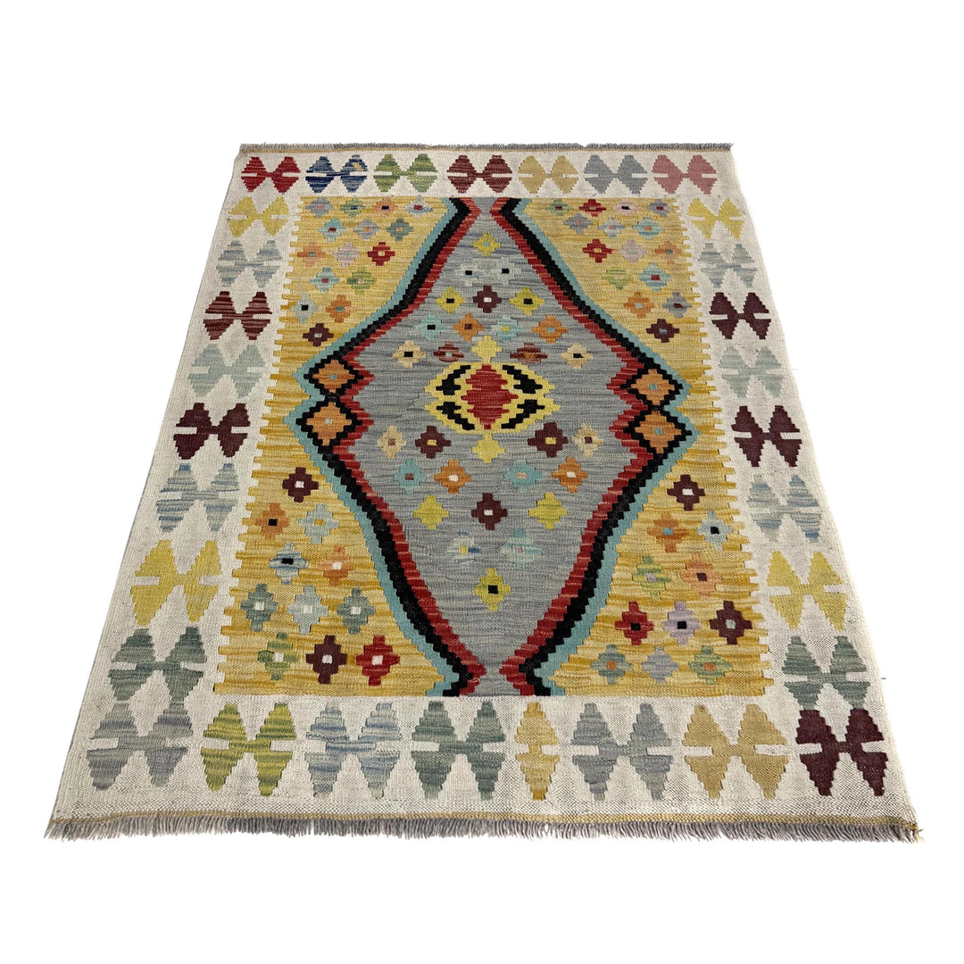 Multicolor Afghan Kilim Rug 3' 5" x 4' 9" Flat-Weave detail