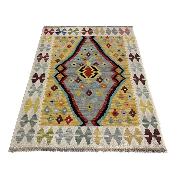 Multicolor Afghan Kilim Rug 3' 5" x 4' 9" Flat-Weave detail