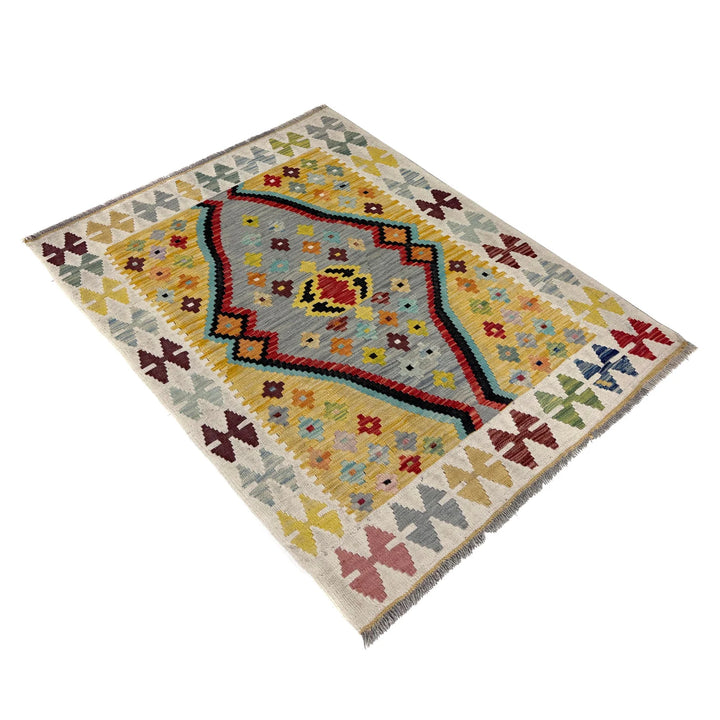 Multicolor Afghan Kilim Rug 3' 5" x 4' 9" Flat-Weave close-up