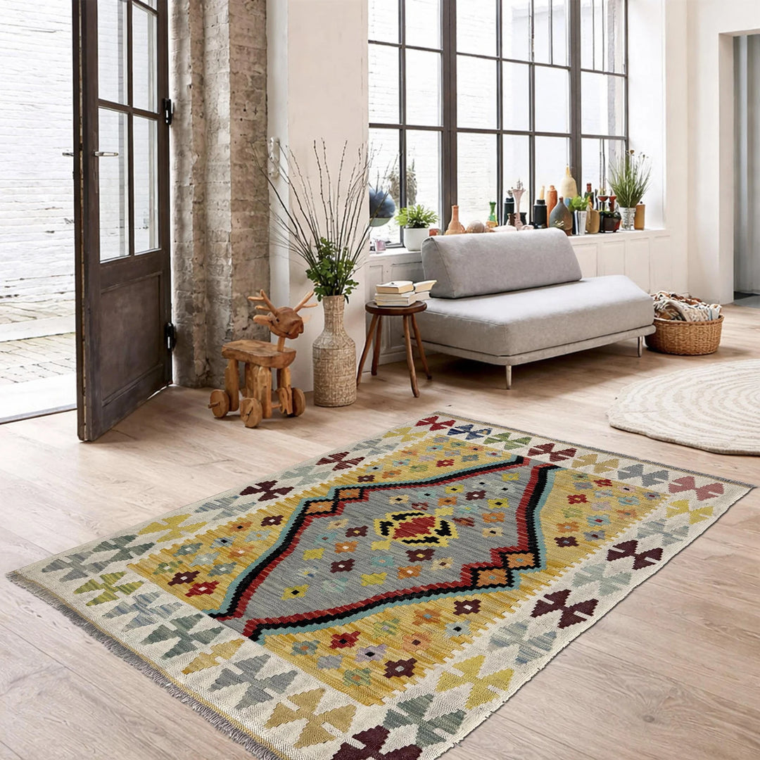Multicolor Afghan Kilim Rug 3' 5" x 4' 9" Flat-Weave reverse