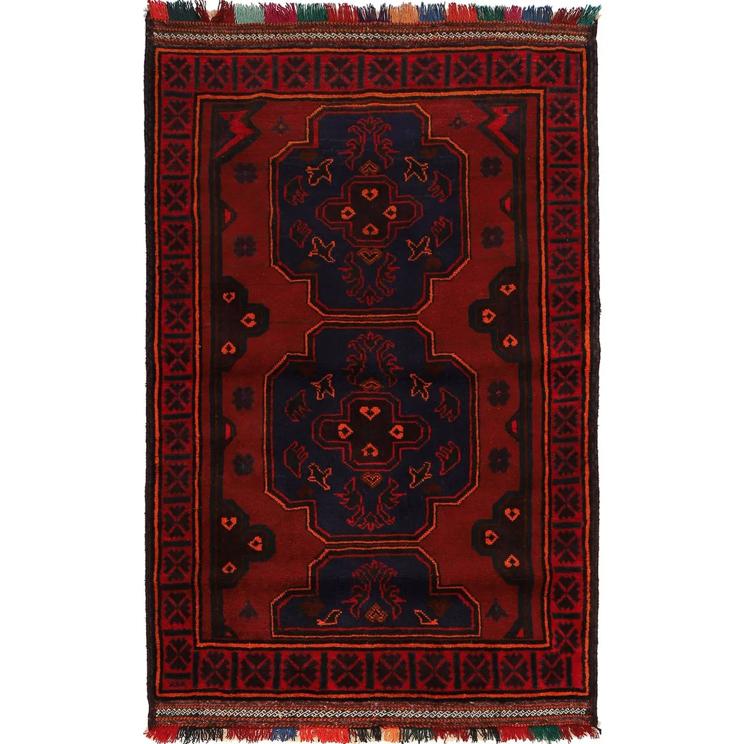 Red Afghan Baluchi Rug 4' 1" x 6' 5" Hand-Knotted | No. AL73456