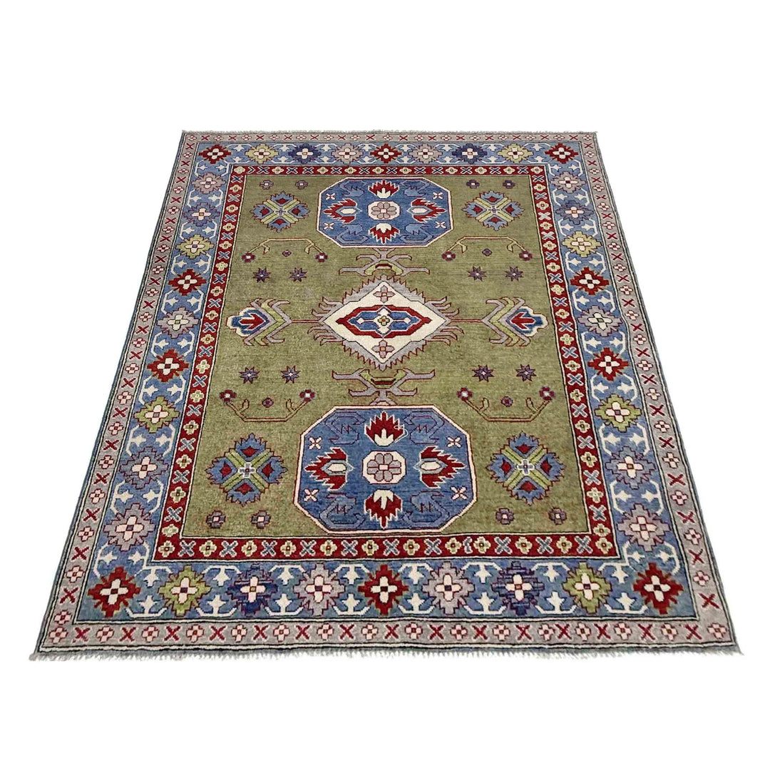 Green Afghan Kazak Rug 5' 2" x 6' 10" Hand-Knotted | No. AL73488