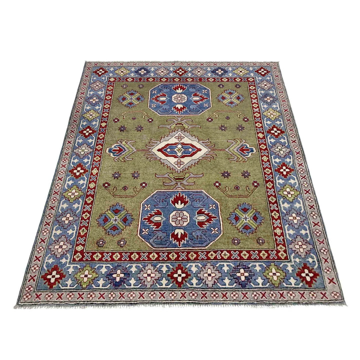 Green Afghan Kazak Rug 5' 2" x 6' 10" Hand-Knotted | No. AL73488