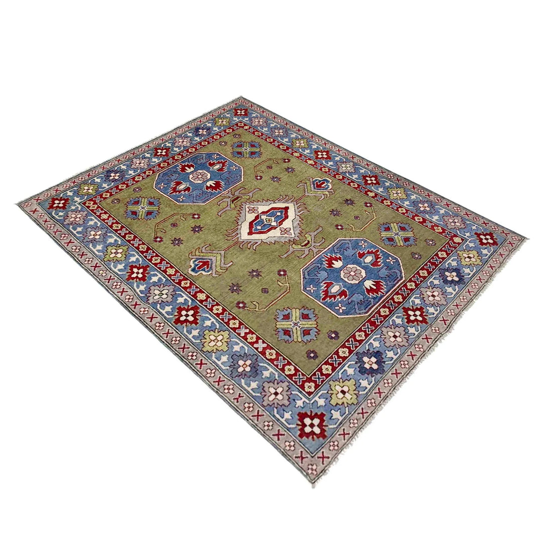 Green Afghan Kazak Rug 5' 2" x 6' 10" Hand-Knotted | No. AL73488