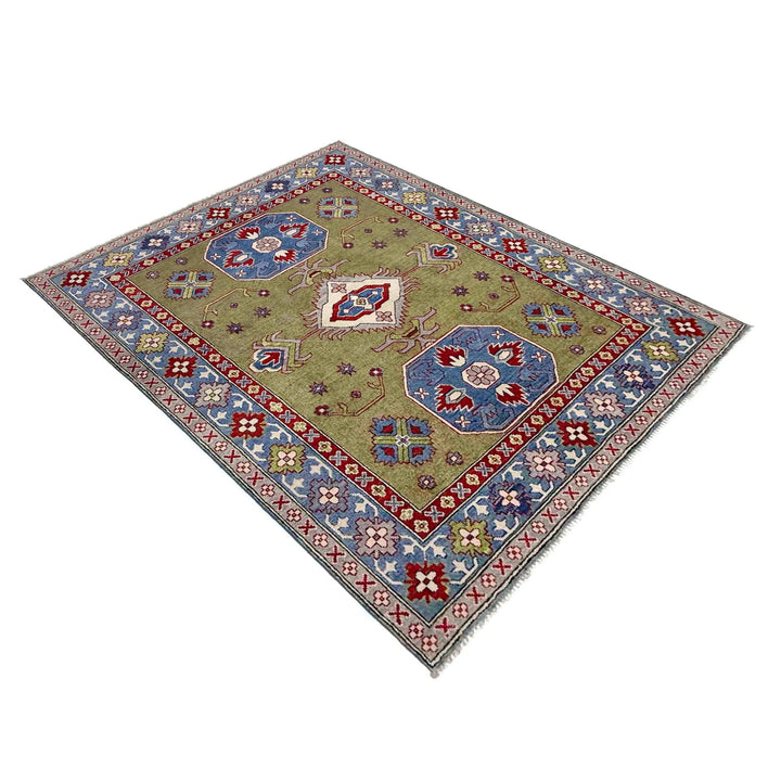 Green Afghan Kazak Rug 5' 2" x 6' 10" Hand-Knotted | No. AL73488