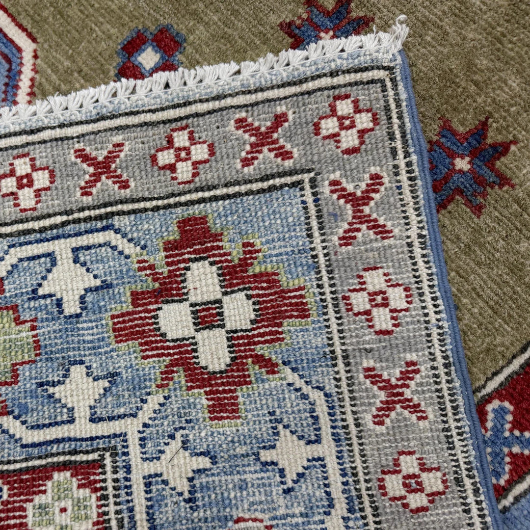 Green Afghan Kazak Rug 5' 2" x 6' 10" Hand-Knotted | No. AL73488