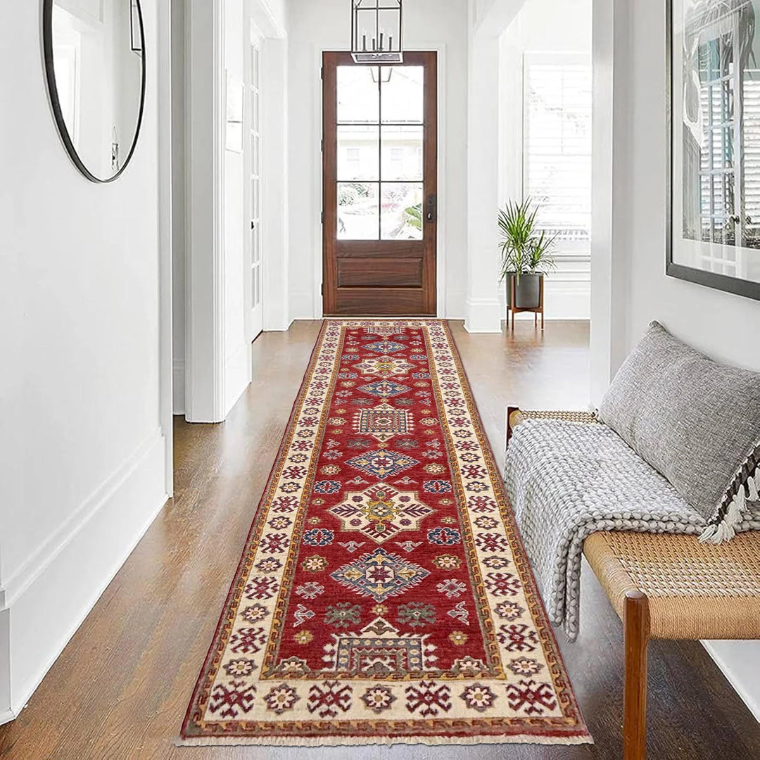 Red Afghan Kazak Rug 2' 6" x 9' 11" Hand-Knotted | No. AL73536