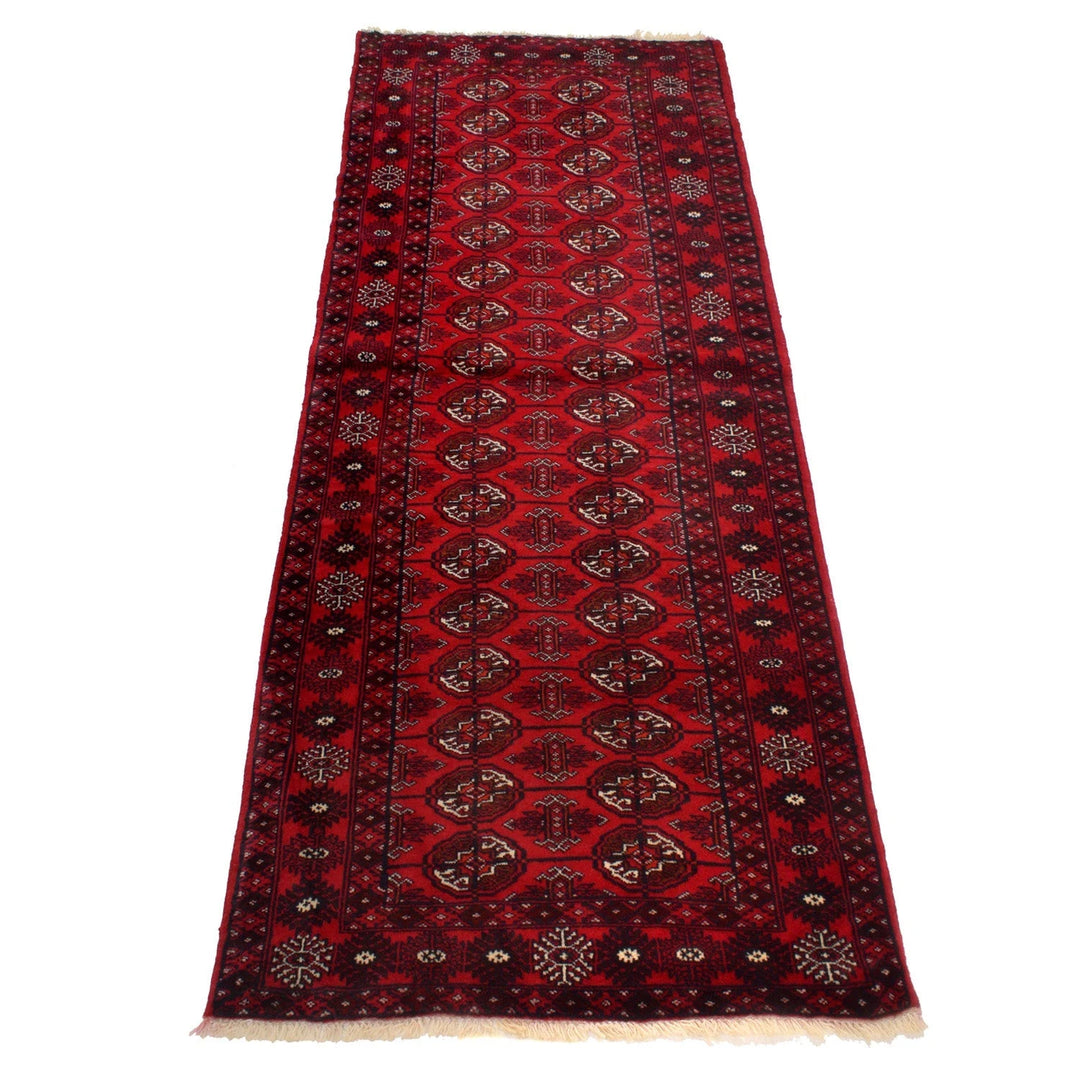 Red Afghan Bokhara Rug 2' 6" x 6' 4" Hand-Knotted | No. AL73553