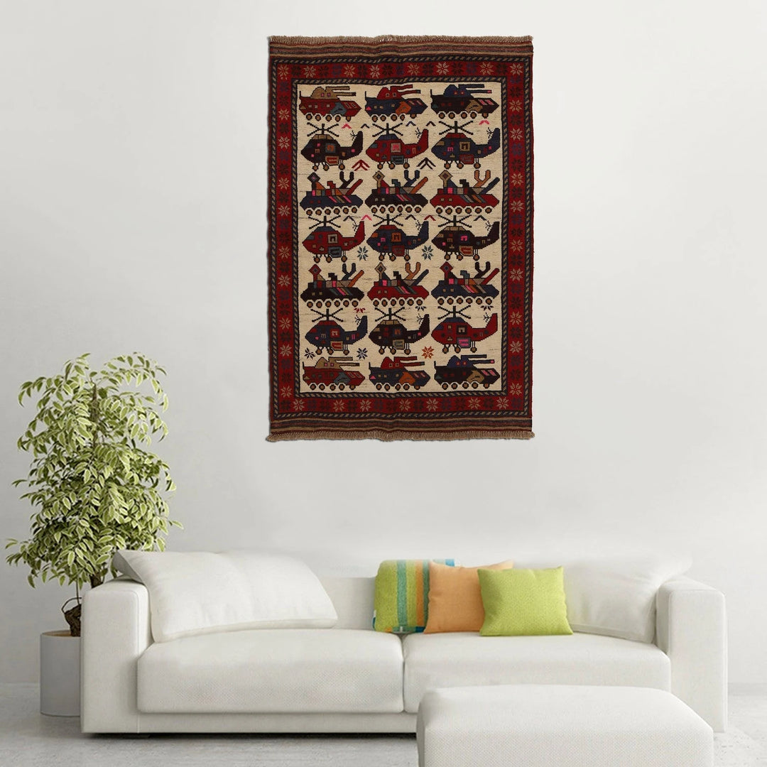 Ivory Afghan War Rug 3' 3" x 4' 10" Hand-Knotted | No. AL73658
