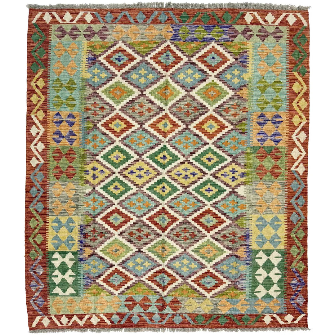 Afghan Vegetable Kilim Rug 5' 1" x 6' 4" Flat-Weave | No. AL736629