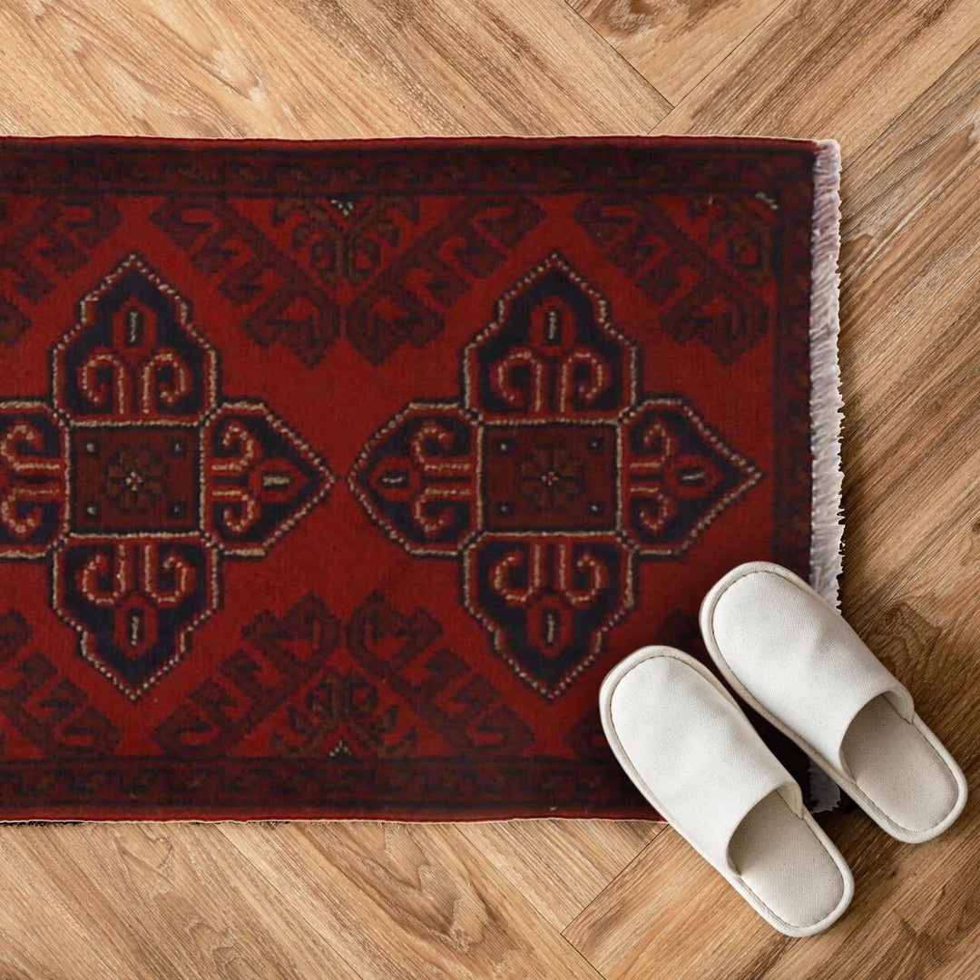 Red Afghan Oriental Doormat 1' 5" x 2' 0" Hand-Knotted | No. AL73701