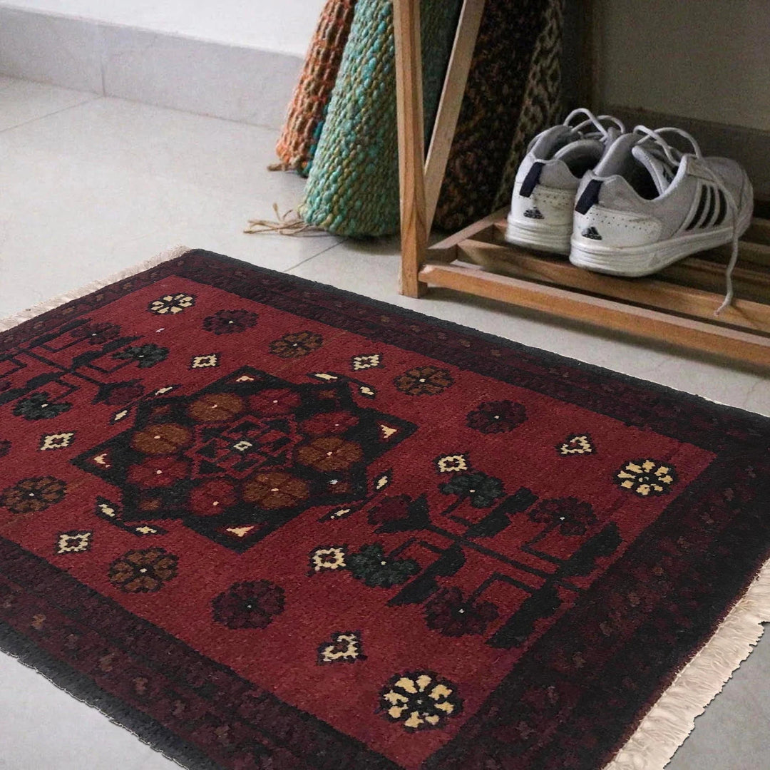 Red Afghan Oriental Doormat 1' 5" x 1' 10" Hand-Knotted | No. AL73781