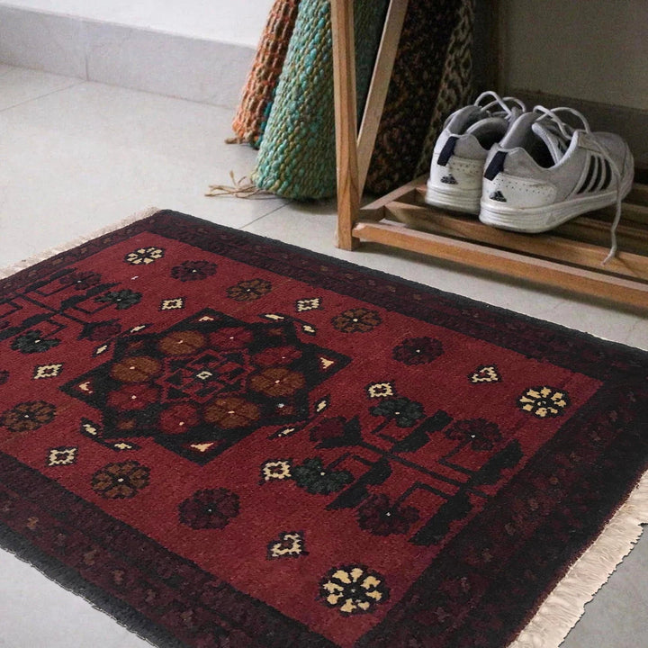 Red Afghan Oriental Doormat 1' 5" x 1' 10" Hand-Knotted | No. AL73781