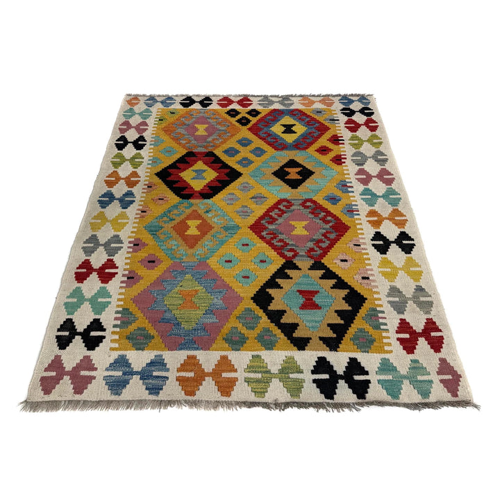 Multicolor Afghan Kilim Rug 3'7" x 5'0" Flat-Weave detail