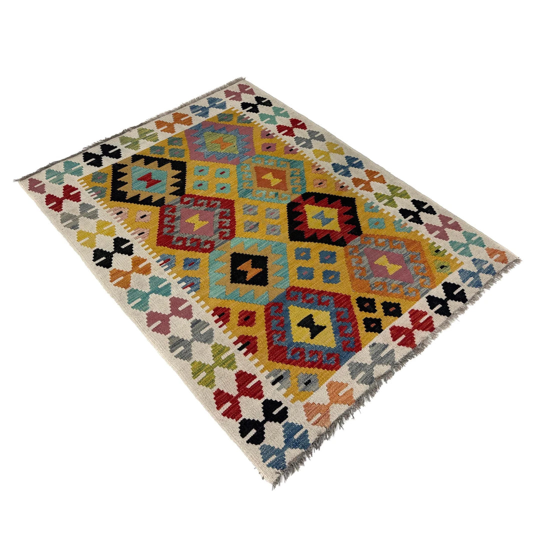 Multicolor Afghan Kilim Rug 3'7" x 5'0" Flat-Weave close-up