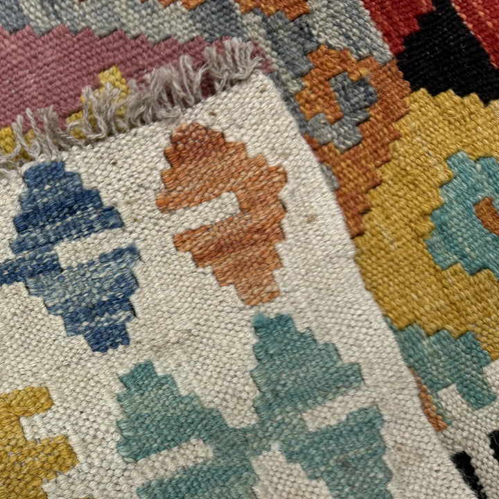 Multicolor Afghan Kilim Rug 3'7" x 5'0" Flat-Weave border