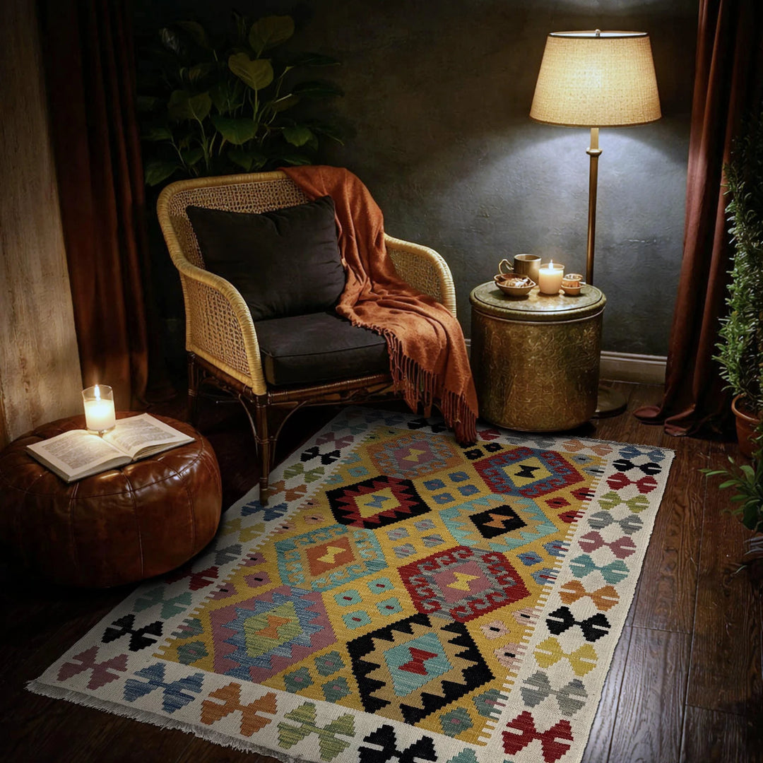 Multicolor Afghan Kilim Rug 3'7" x 5'0" Flat-Weave reverse