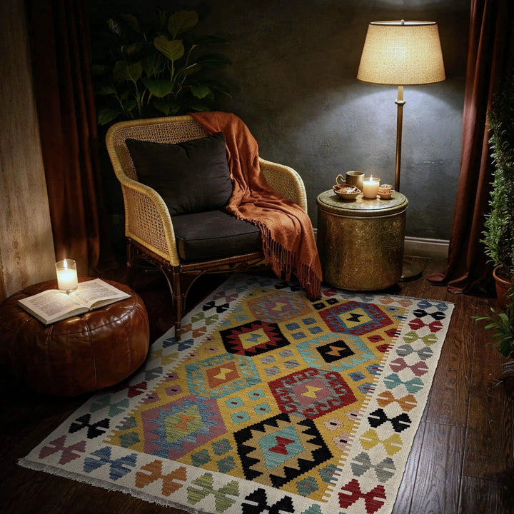 Multicolor Afghan Kilim Rug 3'7" x 5'0" Flat-Weave reverse
