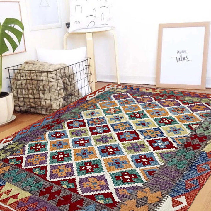Multicolor Afghan Vegetable Kilim Rug 4' 8" x 6' 3" Flat-Weave | No. AL73982