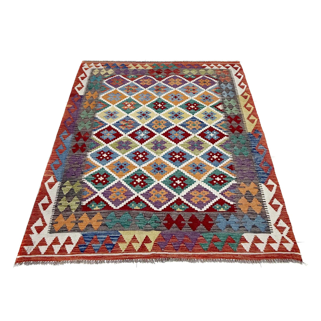 Multicolor Afghan Vegetable Kilim Rug 4' 8" x 6' 3" Flat-Weave | No. AL73982