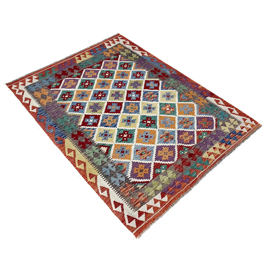 Multicolor Afghan Vegetable Kilim Rug 4' 8" x 6' 3" Flat-Weave | No. AL73982