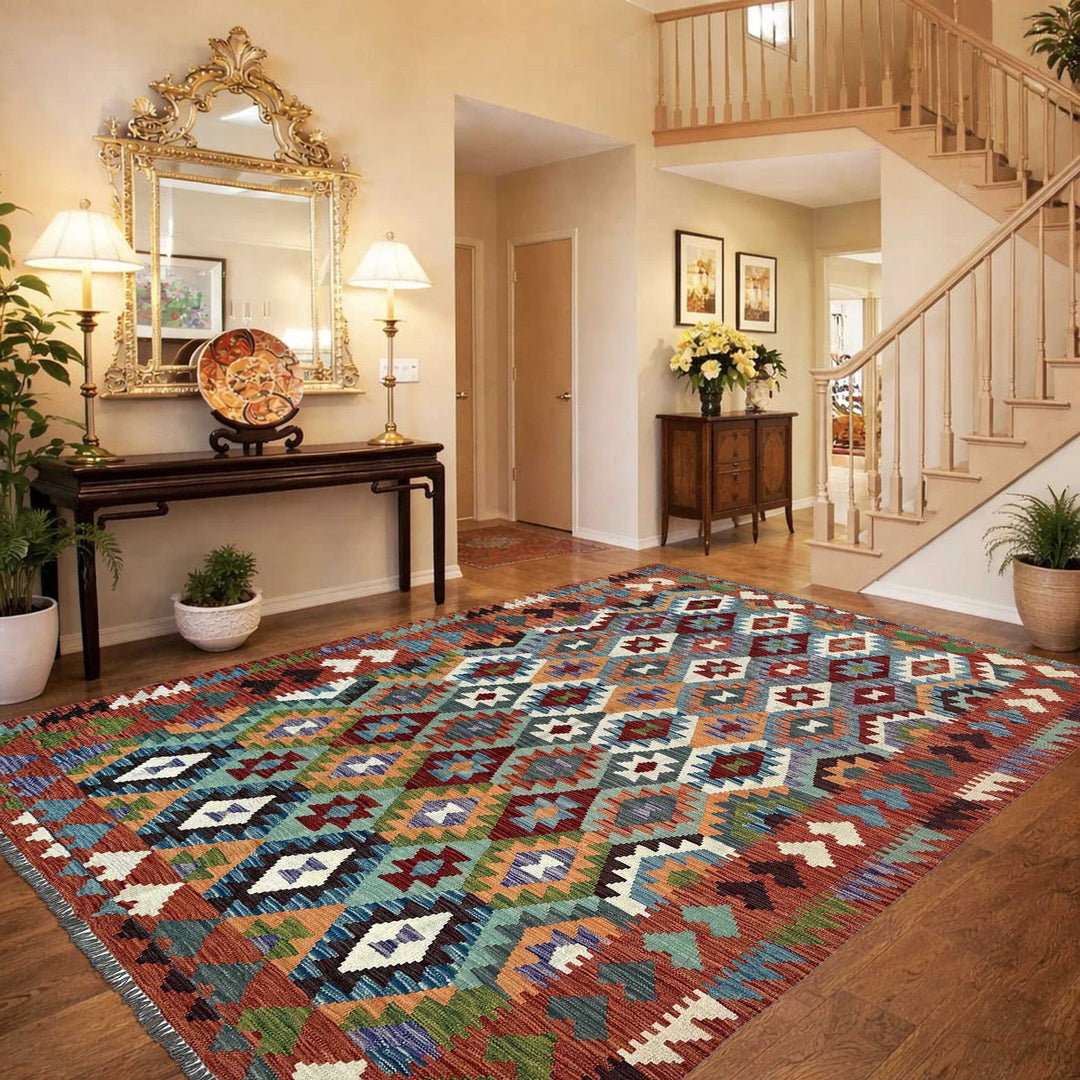 Afghan Vegetable Kilim Rug 6' 5" x 9' 7" Flat-Weave | No. AL74108