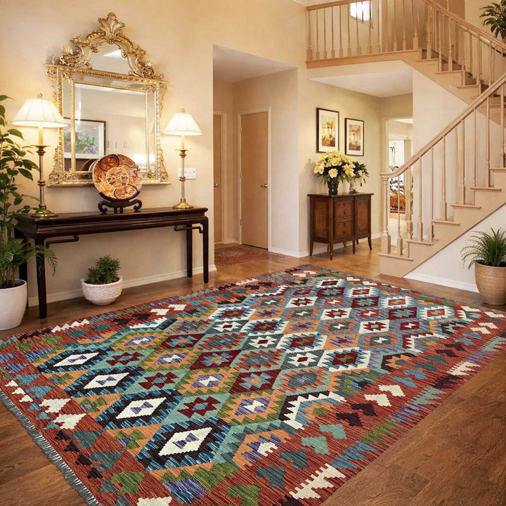 Afghan Vegetable Kilim Rug 6' 5" x 9' 7" Flat-Weave | No. AL74108