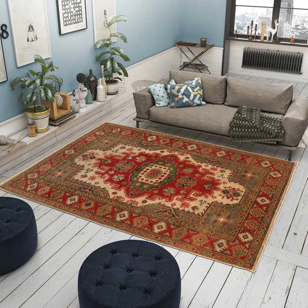 Afghan Heriz Rug 3' 3" x 4' 10" Hand-Knotted | No. AL74210