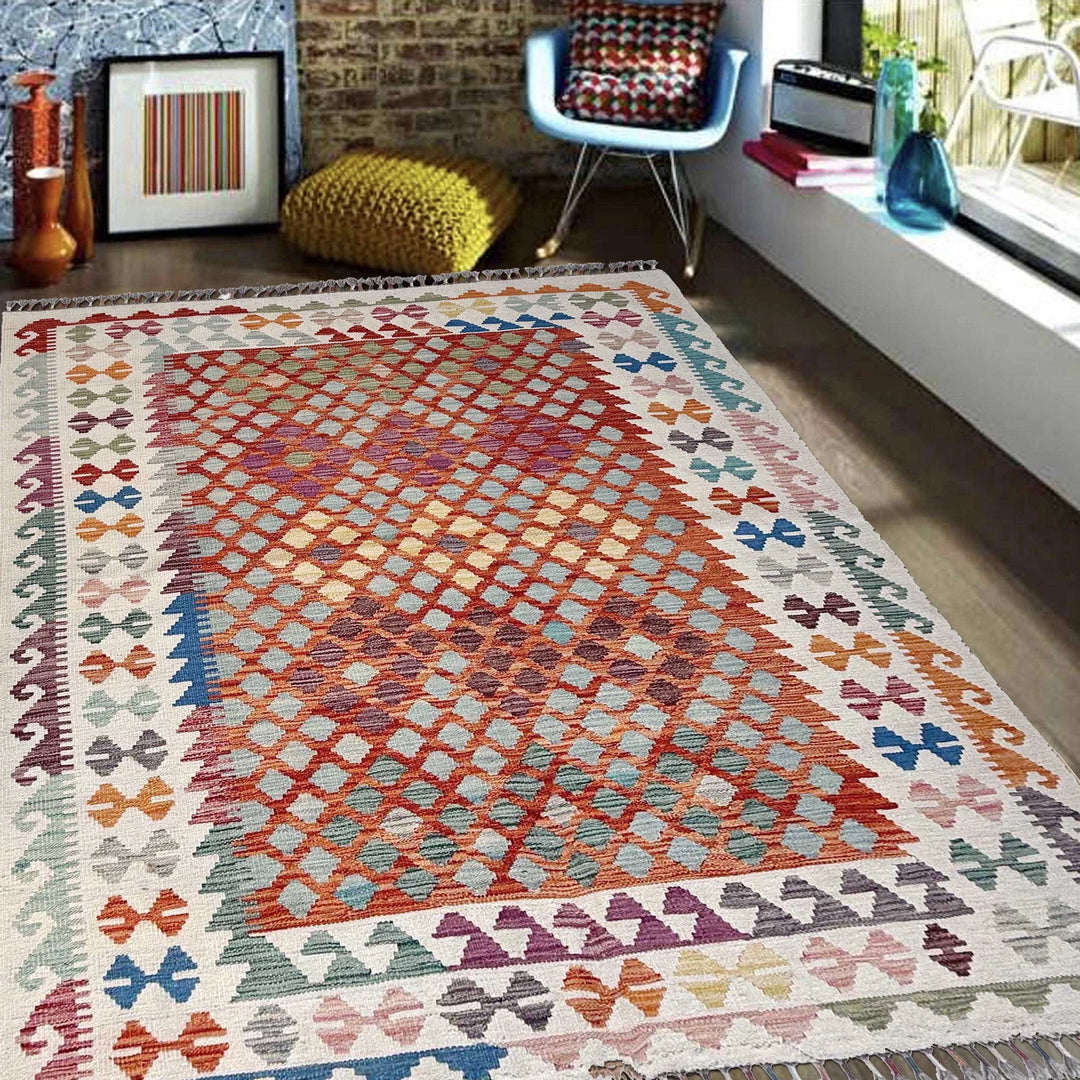 Afghan Vegetable Kilim Rug 5' 1" x 6' 7" Flat-Weave | No. AL74220