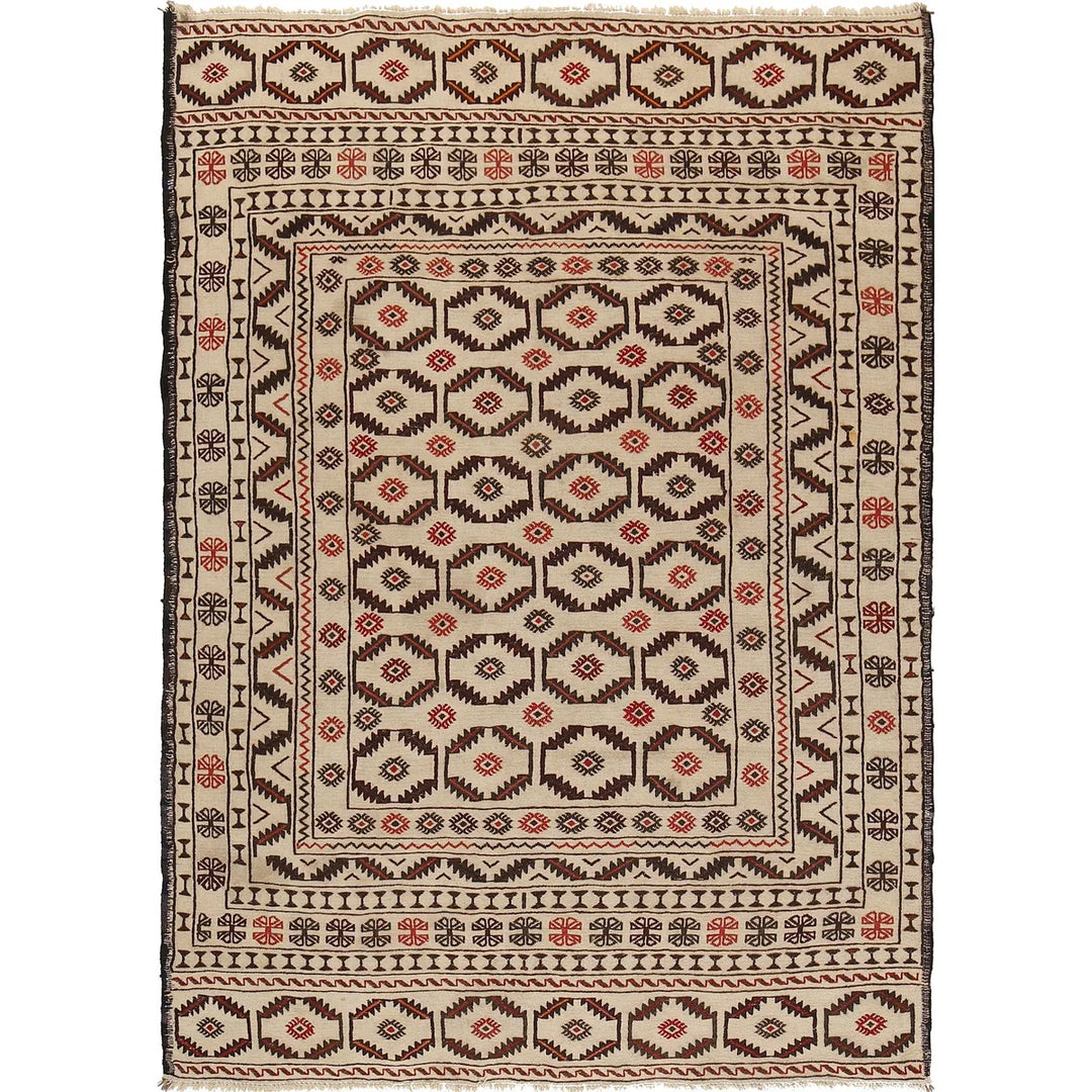 White Afghan Soumak Rug 4' 5" x 6' 1" Flat-Weave | No. AL74331