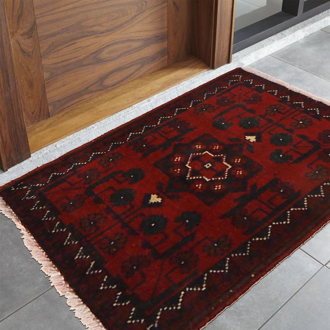 Red Afghan Oriental Doormat 1' 5" x 2' 0" Hand-Knotted | No. AL74585