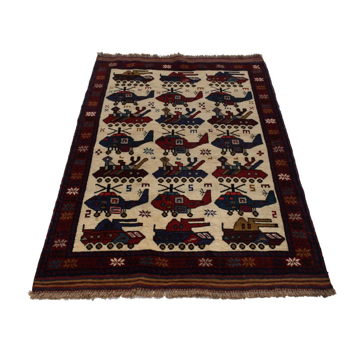 Ivory Afghan War Rug 3' 3" x 5' 0" Hand-Knotted | No. AL74635