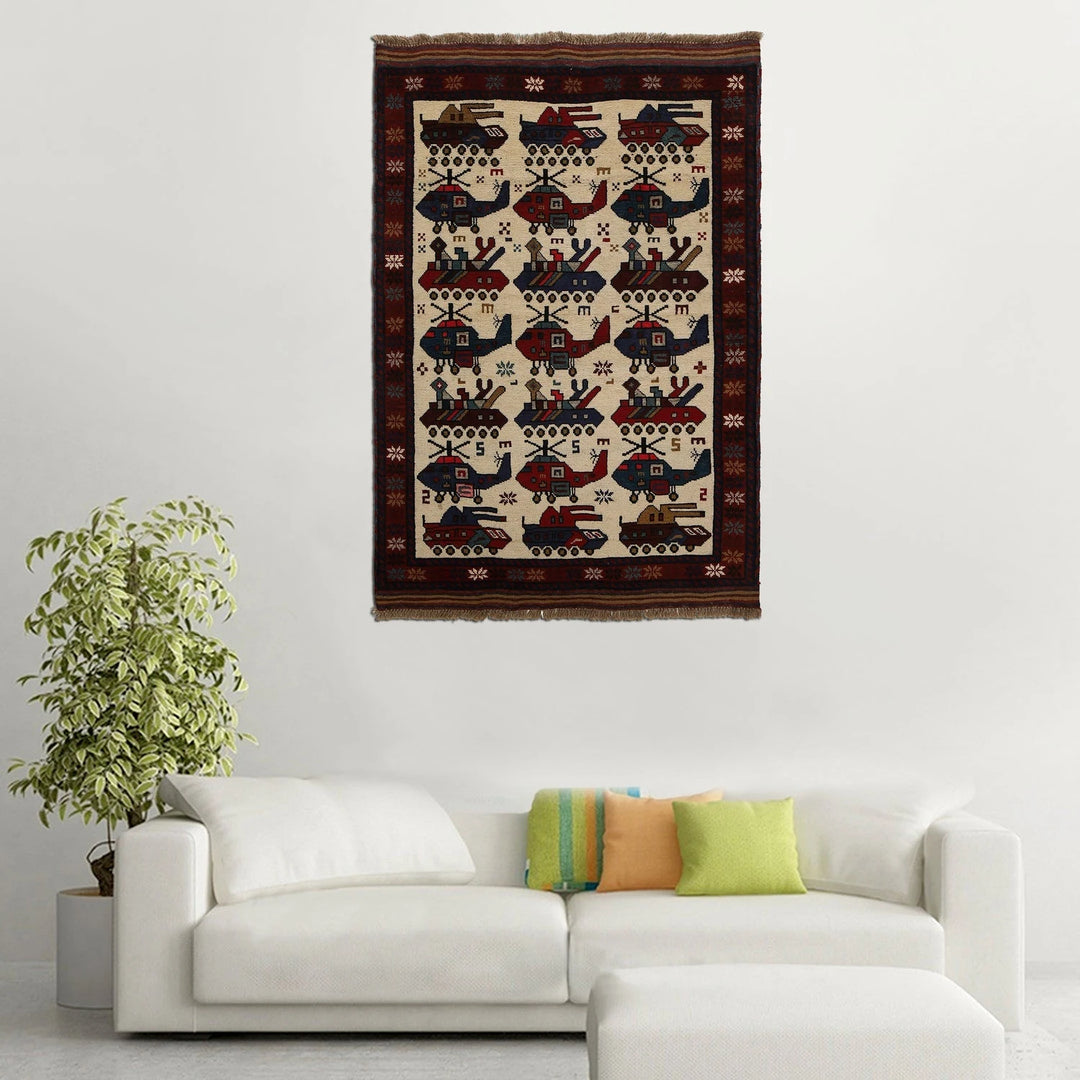 Ivory Afghan War Rug 3' 3" x 5' 0" Hand-Knotted | No. AL74635